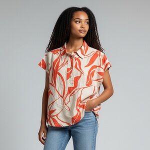 Chico’s 2 Linen Button Front Blouse Red Beige Abstract Print Short Sleeve
